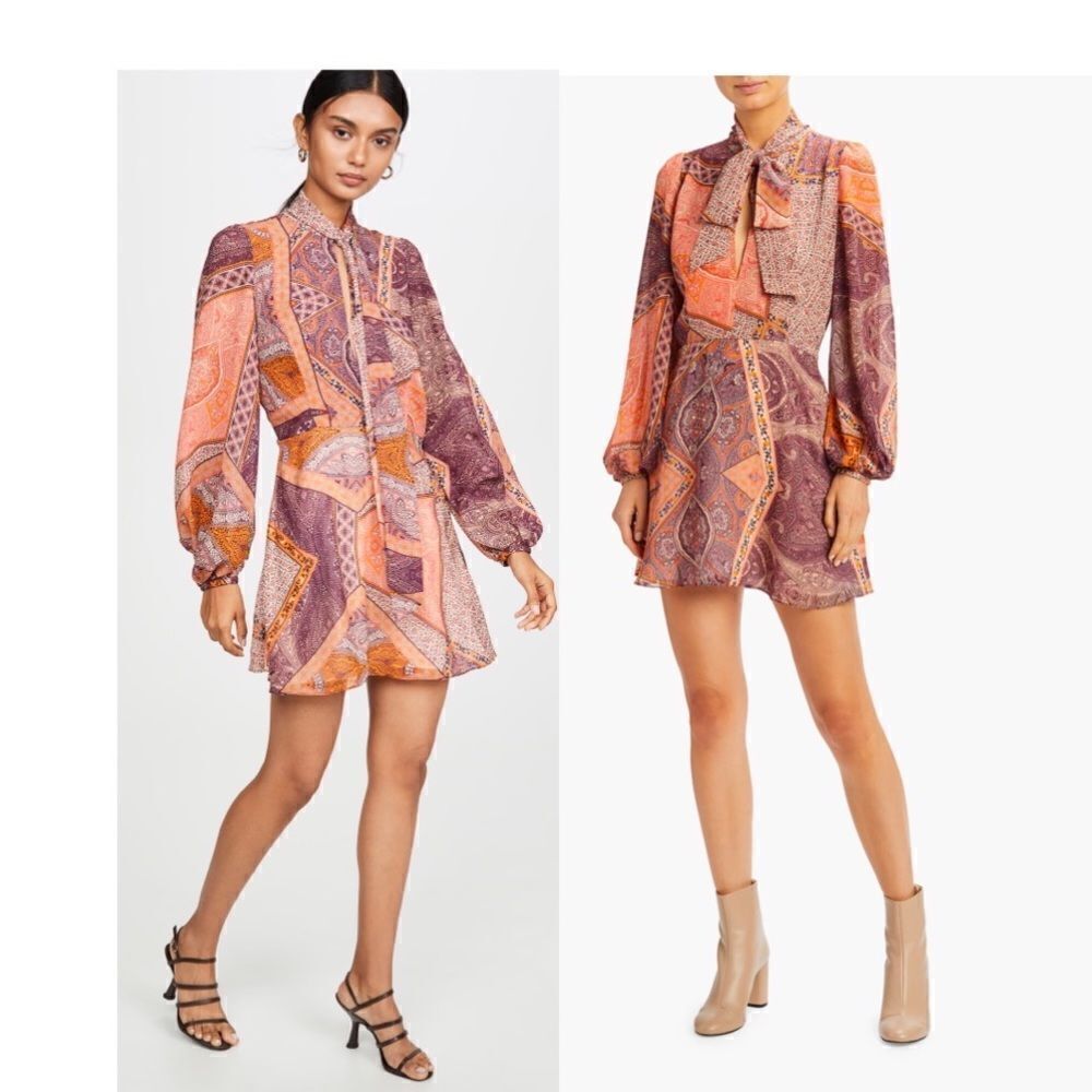 Divine Heritage Bow Tie Long Sleeve Paisley Print Silky Mini Dress